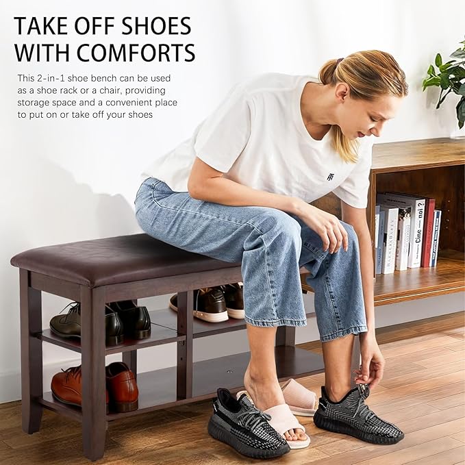 PY HOME & SPORTS Shoe Rack for Entryway 47": 2-Tier Shoe Storage Bench, Adjustable/Removable Shelves, Rubberwood Shoe Benches for Hallway, Porch, Bathroom, Brown