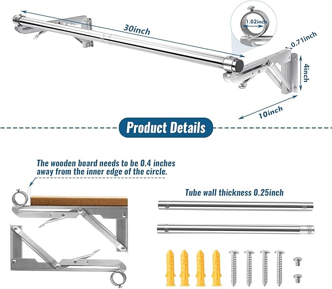 Foldable Wall Mounted Clothes Rack-30'' Long Rod&2 Thick Bases,Stainless Steel,Multi-Purpose for Space-Saving Garment Rack/Clothes Drying Rack/Clothes Hanger,Detachable and Top Shelf Room Reserved
