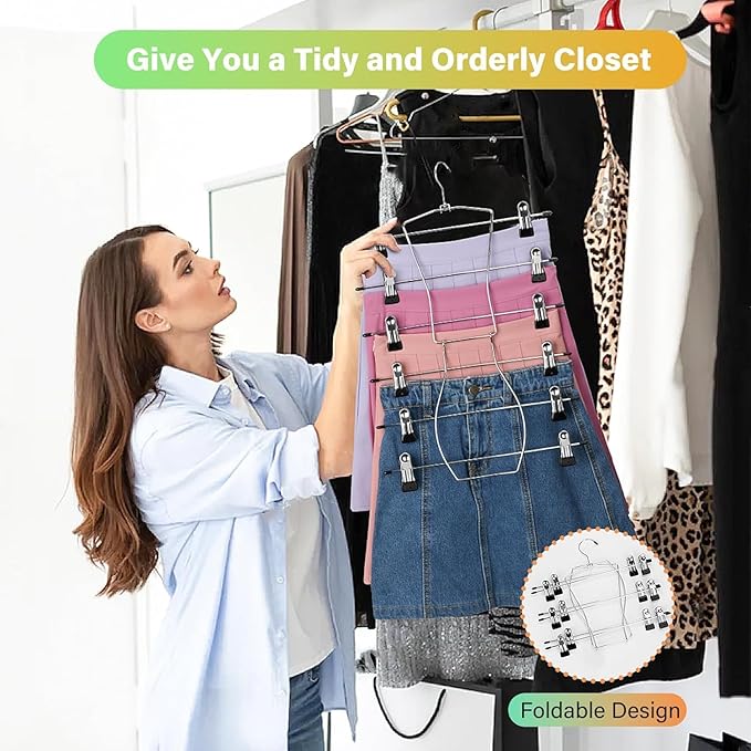 Pants Hangers,Space Saving one Pack Metal 6 Tier with Clips Holds 12 Skirts/Pants/Jeans/Shorts, w/360°Rotating Hook, Skirt Hangers Space Saving Closet Organizers and Storage (2PCS)