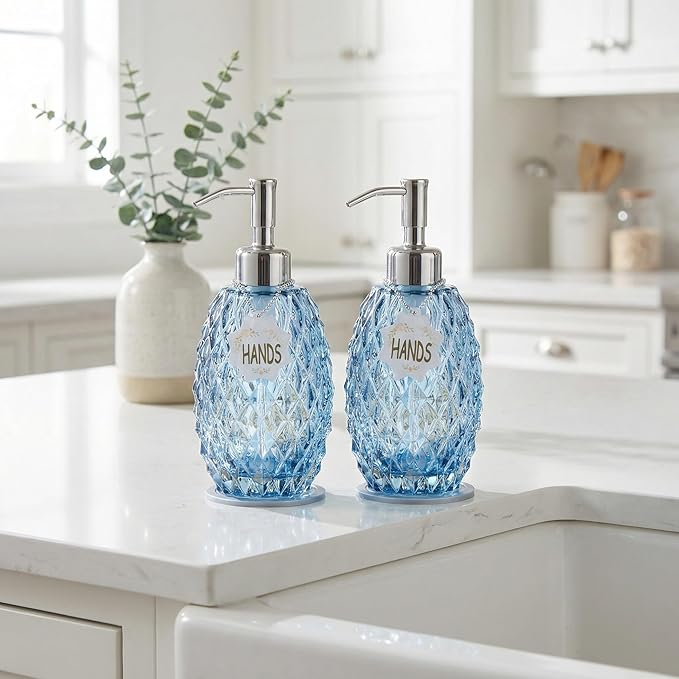 MALACHI Soap Dispenser Set, Crystal-Textured Diamond Glass with Rustproof Stainless Steel Pump, Dual-Labelled Hand & Dish Soap Dispenser for Kitchen & Bathroom