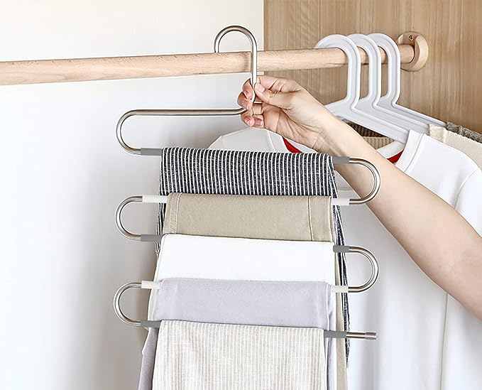 Devesanter Space Save Non-Slip 6 Pack S-Shape Trousers Hangers - Stainless Steel Clothes Hangers Closet Storage Organizer for Pants Jeans Scarf Hanging Grey and White