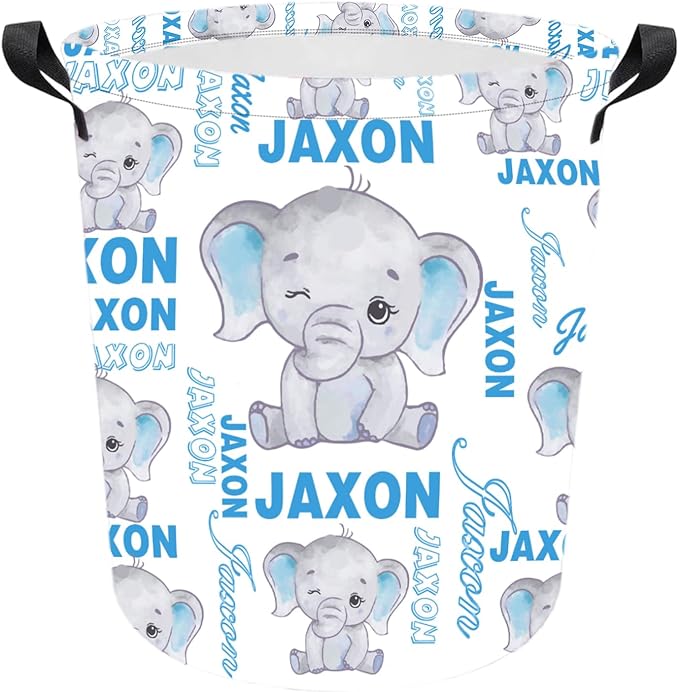 Personalized Laundry Hamper Custom Kids Dirty Clothes Hamper with Name Storage Basket for Bathroom Bedrooms Nursery for Baby Girls Boys Adults (Style-Blue Elephant)