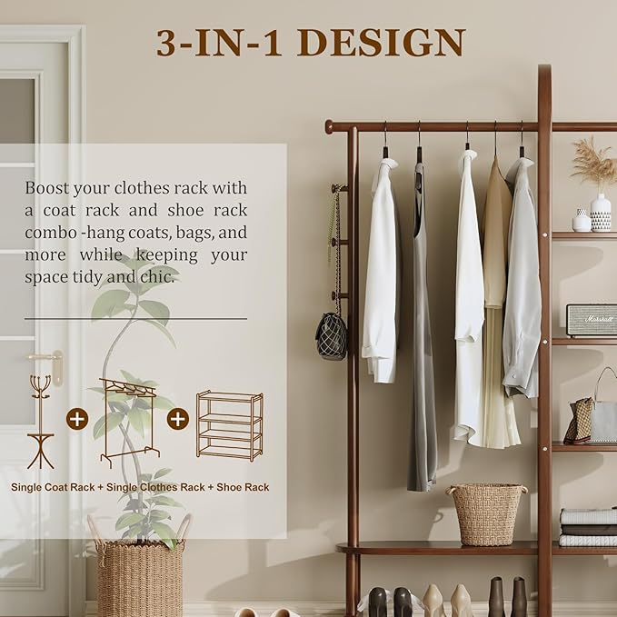 Solid Wood Clothing Rack with 4 Shelves Storage and 5 Wooden Hooks Clothes Rack,Multi-functional Coat Rack for Clothes, Shoes, Bags, Coat rack for Bedroom Entryway Living Room Hotel,Walnut