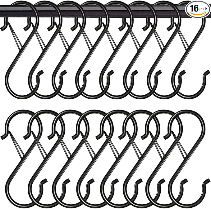 16 Pack Heavy Duty S Hooks with Safety Buckle - S Shaped Hooks for Hanging Plants, Clothes, Kitchen Utensils, Bags (Black)