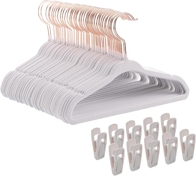 Baby Hangers Velvet - 11 Inch Kids Felt Hanger Non Slip Toddler Clothes - Childrens Hangers for Newborn Clothes - 50 Pack with 10 Hanger Finger Clips, White