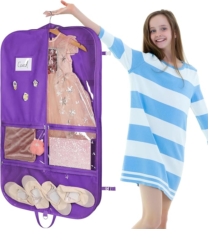 Univivi Dance Costume Bags Garment Bag 40 Inch for Dance Competitions, 3 Medium Clear Zipper Pockets and 2 Back Zippered Pocket, with 1 xPendant, 3 x Badge (Dark Purple)