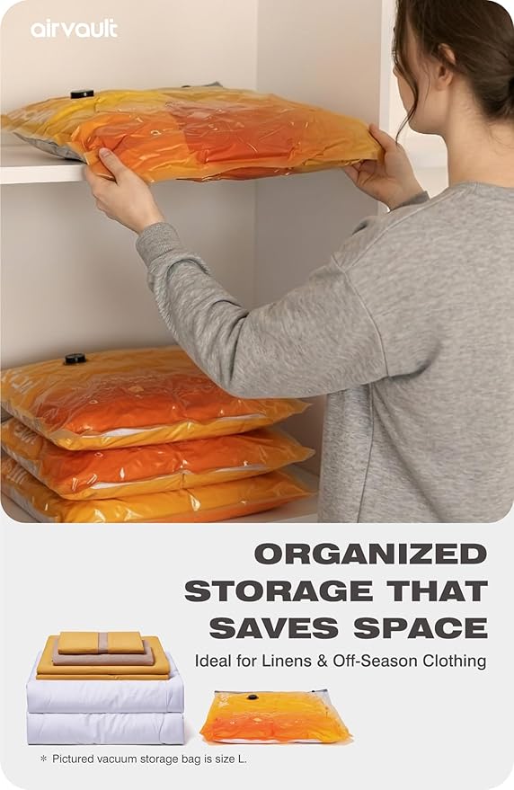 AirVault Vacuum Storage Bags for Travel & Home - Space Saver Compression Packing Bags Set for Clothes, Blankets & Seasonal Storage, Small (5), Medium (5), Large (5) (Orange,15-Pack Combo)