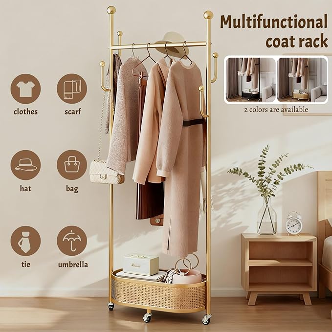 Coat Rack Freestanding Clothing Rack with Wheels & 1 Storage & 4 Hooks Heavy Duty Clothes Rack for Corner Bedroom Entryway Living Room Hotel (Gold)