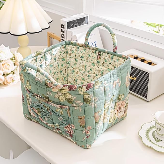 Mo&Cy Floral Pattern Storage Basket Large Capacity Fabric Storage Baskets Boho Floral Laundry Baskets with Easy Carry Handles,Baskets for Gifts Empty (Green Cottage)