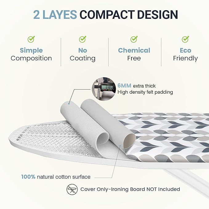 Ironing Board Cover and Pad 18"x49" Extra Thick Natural Cotton, Scorch and Stain Resistant Iron Board Cover, Wide Ironing Board Cover with Fasteners Heavy Duty Heatproof Elastic Edge Foliage