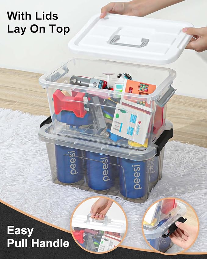 Plastic Storage Bins with Lids 6 Pack Storage Organizer, 7 Quart Stackable Storage Bins with Buckle Lids and Handle easy for Home Office Pantry Organization, Clear