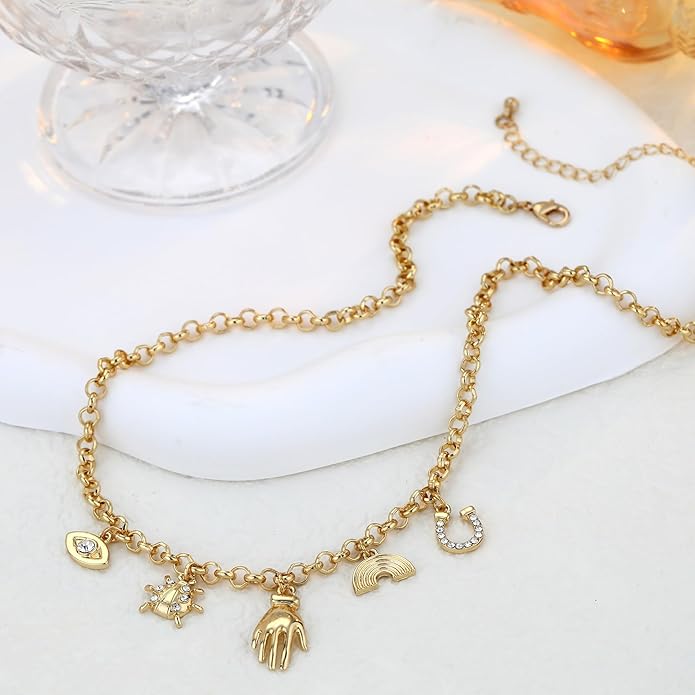 Chunky Gold Necklace for Women Gold Evil Eye Cowboy Pendant Necklace Dainty Paperclip Chain Vintage Luck Amulet Choker Necklaces Celestial Jewelry Gift