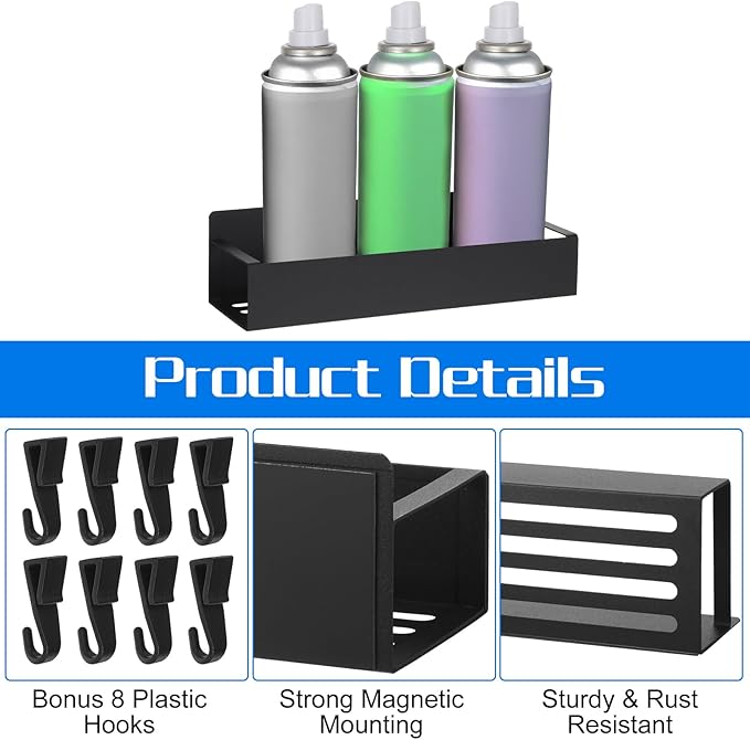 4 Pack Magnetic Spray Can Holder – Heavy-Duty Aerosol Organizer for Garage, Workshop & Home, Black Metal Rack with 8 Plastic Hooks (2 Large + 2 Small)