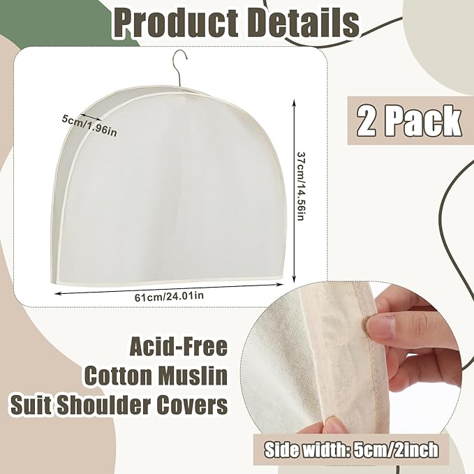 2 Pack Acid-free Muslin White Shoulder Protectors Clothes Hanger Covers Closet Storage Shoulder Covers for Clothes Closet Storage