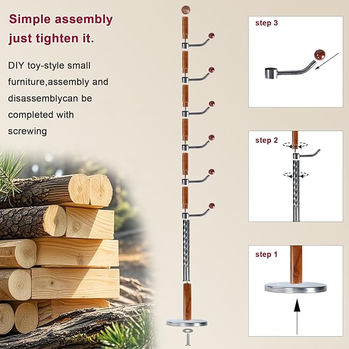 Wood Coat Rack Freestanding with 11 Hooks, 67 Inches Adjustable Height Coat Rack Stand, Vintage Hall Tree Coat Racks with Stable Round Base for Entryway, Bedroom (Solid Wood Metal Hook)