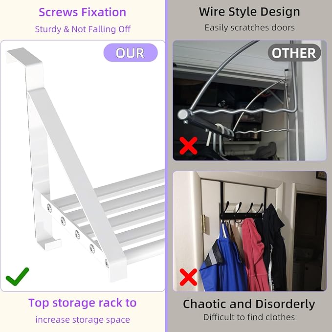 Over The Door Clothes Hanger with 2 Hooks, Stainless Steel Over The Door Hangers for Clothes with Storage Rack, Clothing Hanger Drying Racks for Laundry, Washroom, Fits Door Up to 1.77", White