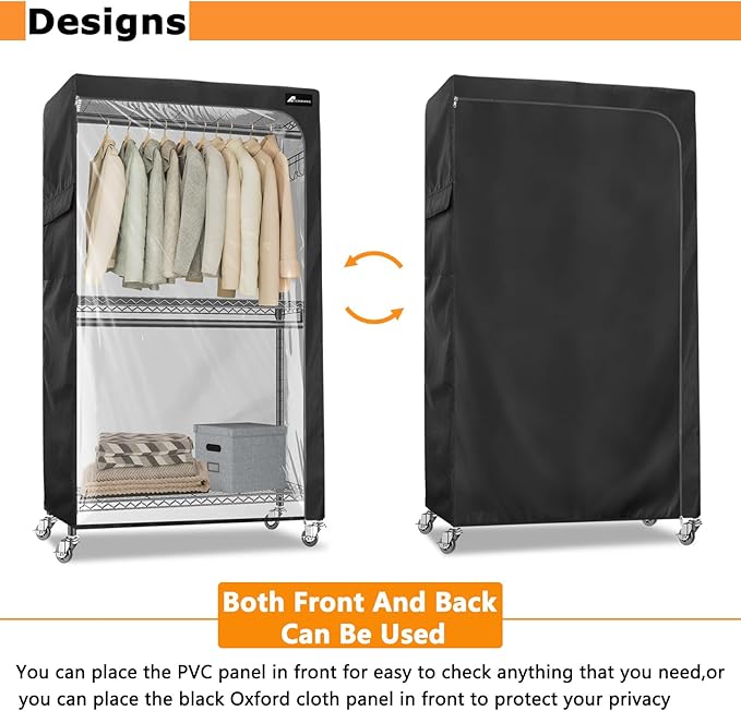 Garment Rack Cover,Heavy Duty 600D Durable Dustproof Waterproof Clothing Rack Covers with Zipper,45"W x 17.7"D x 80.3"H Clear Front Clothes Rack Covers (Cover Only)