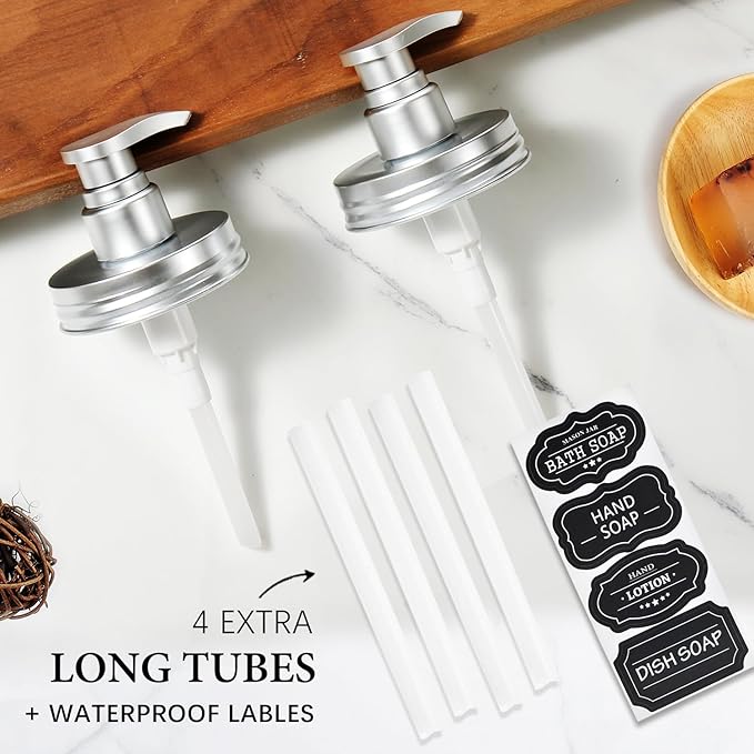 Amolliar Plastic Mason Jar Soap Dispenser Lids - Universal Pump Replacement for Regular Mouth Jar Farmhouse Decor for Kitchen, Bathroom, Dish Soap, Lotions, Hand Soap (4 Pack, Silver)