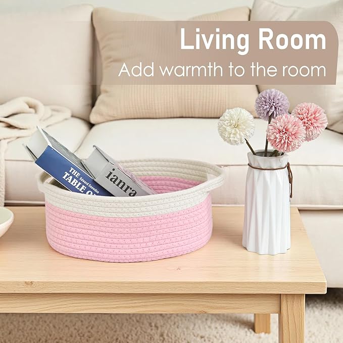 Woven Basket,Small Rope Storage Bin with Handles & Ribbon Bag, Organizer for Shelves Closets,Gift Basket Empty for Birthday,Books,Dog Toys, White&Pink/2 Pack
