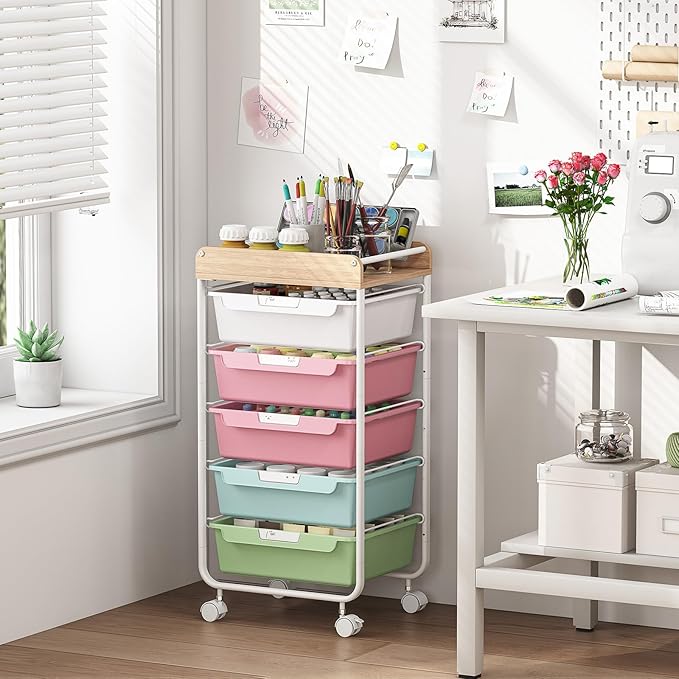 APEXCHASER Plastic Drawer Organizers with 5 Deep Drawers, Rolling Utility Cart with Wooden Top,Craft Storage Cart for Paperwork,Crafts,Snack,Kids’ Room,Nursery,Colorful