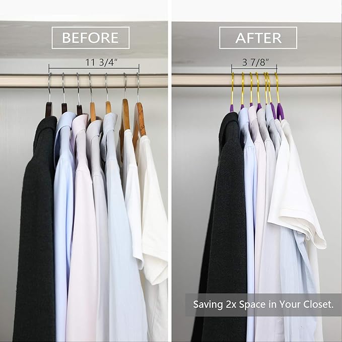 MIZGI Premium Velvet Hangers Pack 50 Pcs Heavyduty - Non Slip Slimline - Velvet Suit Hangers Dark Purple - Gold Hooks,Space Saving Clothes Hanger
