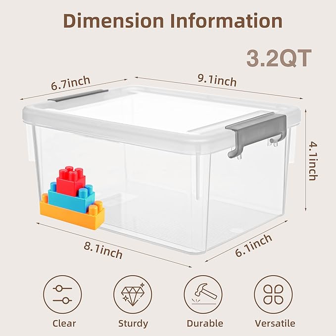 Citylife Small Storage Bins with Lids 3.2 QT- 8 Packs Plastic Storage Containers for Organizing Stackable Clear Storage Boxes,Clear White
