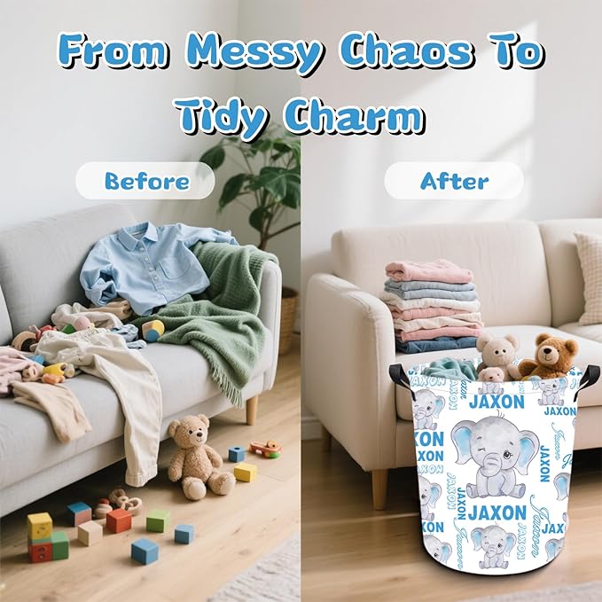 Personalized Laundry Hamper Custom Kids Dirty Clothes Hamper with Name Storage Basket for Bathroom Bedrooms Nursery for Baby Girls Boys Adults (Style-Blue Elephant)