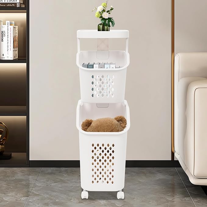 2 Tiers Rolling Laundry Hamper, White Plastic Laundry Basket Holder with Wheels, Vertical Laundry Hamper Sorter Cart, Rolling Clothes Hamper Organizer for Bathrooms Bedrooms