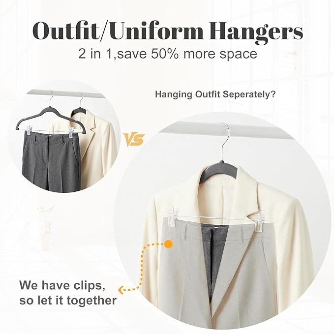 HOUSE DAY Velvet Skirt Hangers 36 Pack, Grey Velvet Hangers with Adjustable Clips, Space Saving Slim Felt Pant Hanger, Heavy Duty Shorts Hanger, Non Slip Clip Hangars for Pants, Skirts, Shorts