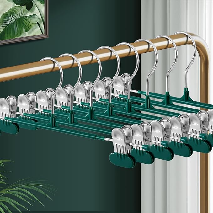Clothes Pants Hangers with Wide Clips 10 Pack,Non-Slip Adjustable Skirt Hanger for Women,Space-Saving Heavy Duty Men Hangers for Pants,Trousers,Jeans,Shorts 12Inch Green
