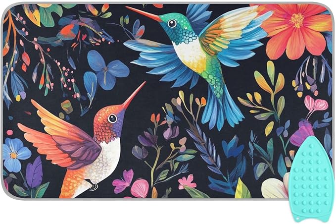Portable Ironing Mat for Table Top Iron Pad Heat Resistant Blanket Portable Travel Ironing Board Covers Tabletop Sewing Pressing Quilting Large 27.6x47.2Inches Hummingbirds Flower Spring Black