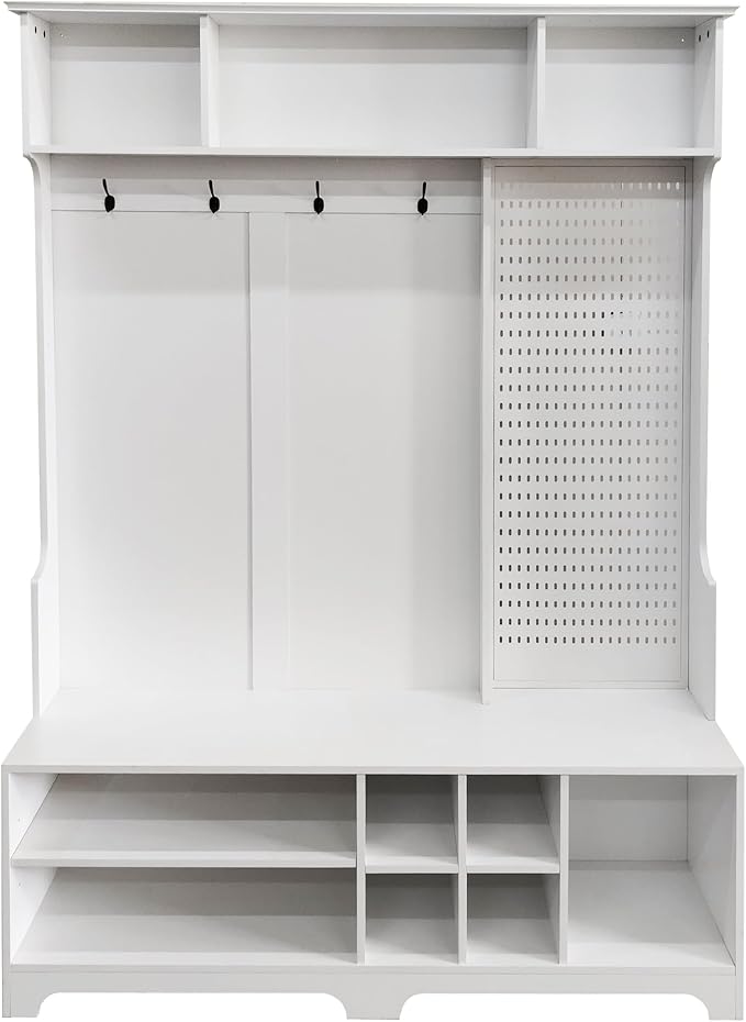 4-in-1 Wide Hall Tree with Shoe Bench, Coat Rack, Shoe Storage, Storage Shelves and Pegboard, Wood Entryway Coat Hanger for Hallways Halls Living Room (White-757)