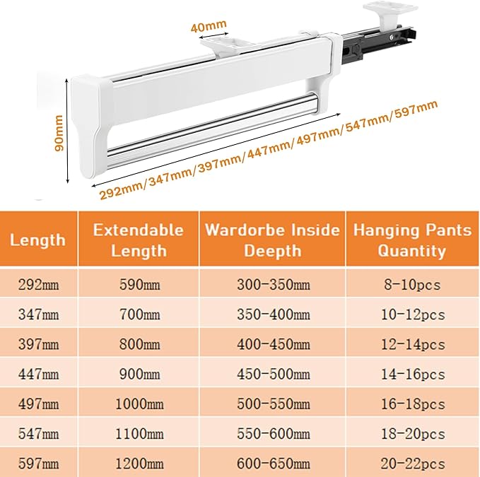 Pull Out Closet Valet Rod, Adjustable Sliding Heavy Duty Steel Top Mounted Clothes Storage Hanger Rail for Closet Wardrobe (597mm/23.5inch)