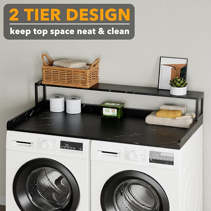 SpaceAid 2-Tier Washer Dryer Countertop, Laundry Topper with Rack Shelf 54" Width x 27.5" Depth x 10" Height Organizer Cover for Washer and Dryer Laundry Hamper Counter Storage (Black Marble)