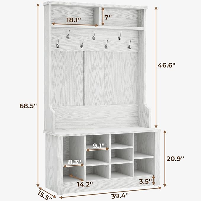 Itaar Hall Tree with Storage Bench, 3-in-1 Entryway Bench with Coat Rack, Adjustable Shoe Storage and Hanging Hooks, Embossed White