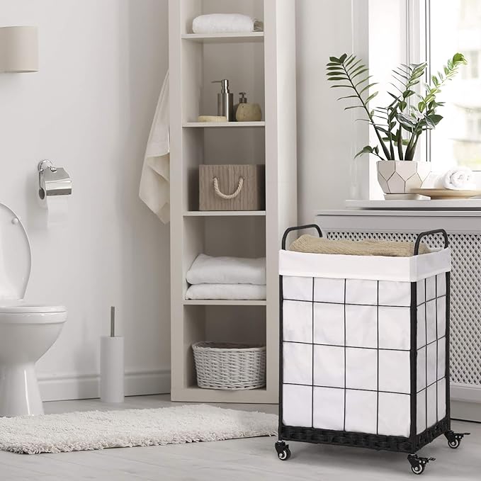 Heavy Duty Laundry Hamper with Lockable Rolling Wheels – Durable, Collapsible Laundry Basket Featuring Removable Liner Bag & Metal Handle (White)
