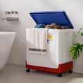 HAIXIN HOME 60L Cute Laundry Hamper, Slim Rolling Laundry Hamper with Lid, Dirty Clothes Hamper Cart with Handle for Bedroom, Bathroom, Closet, Dorm, Blue Lid, White Body and Red Base - Tricolor