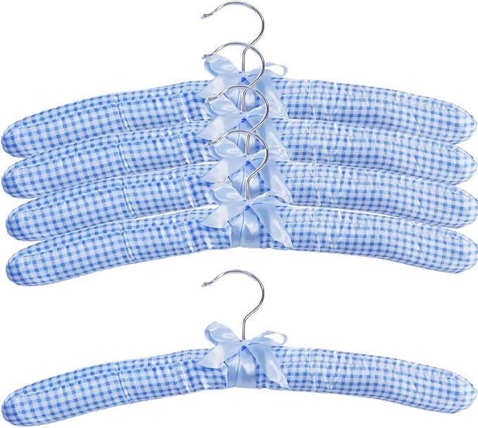 Plaid Pattern Padded Hangers for Women Clothing,Satin Hangers Padded Bride Hanger for Wedding Dress Soft Padded Hanger for Sweaters Coat Clothes (5, Blue)