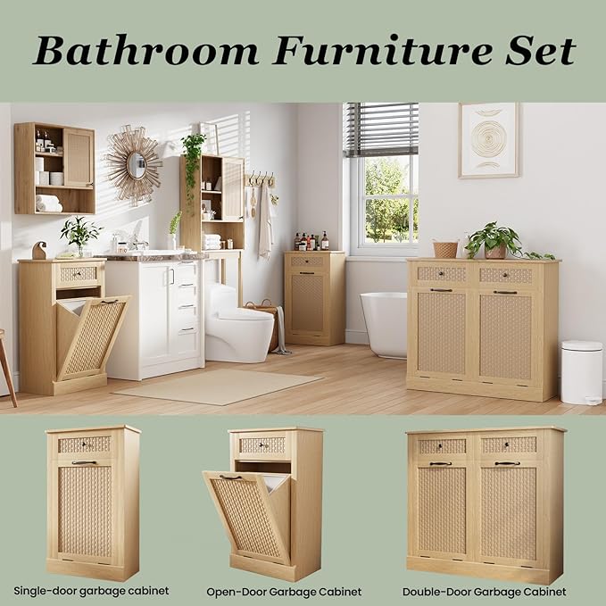 Tilt Out Laundry Hamper Cabinet, Rattan-Style Laundry Room Organization with Removable Laundry Basket, Hidden Wood Dirty Clothes Hamper with Drawer, 21.6" L x 13" W x 35.8" H, Wood