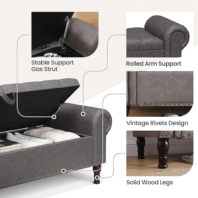 YOUDENOVA Storage Ottoman Bench, 60" Large Ottoman Foot Rest with Rolled Arms, Upholstered Storage Chest with Vintage Rivets for Living Room, Bedroom, Entryway, Grey