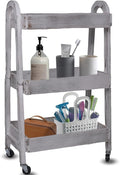 3-Tier Wooden Rolling Cart- Wooden Utility Cart wit Wheels- Utility Rolling Cart-Storage Trolley Organizer- Rolling Kitchen Serving Cart for Office,Kitchen, Kids' Room (Retro Grey)