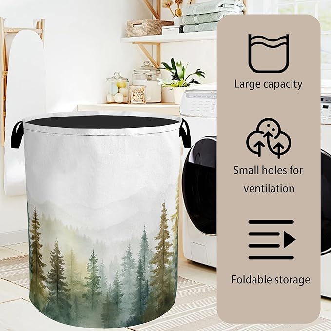 Misty Forest Green Foldable Laundry Hamper - Waterproof Fabric Storage Basket with Handles, Clothes Hampers for Laundry,Bedroom,Dorm