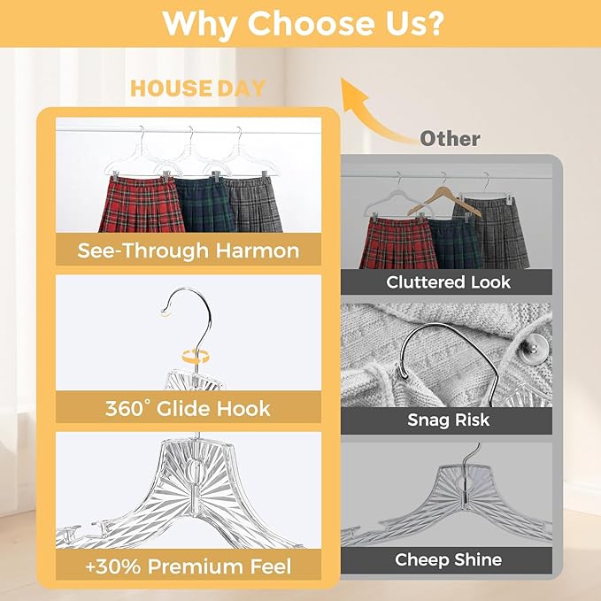 HOUSE DAY Clear Plastic Pants Hangers 25 Pack, Set Hanger for Tops and Bottoms, Non Slip Skirt Hangers with Adjustable Clips, Shoulder Notches, 360° Swivel Hook