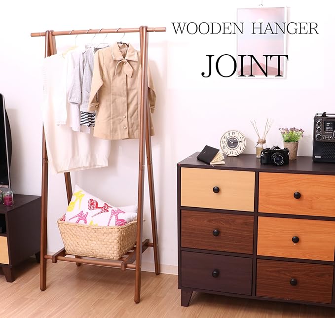 不二貿易(Fujiboeki) Fuji Boeki 14102 Coat Hanger Hanger Rack, Slim, Wooden, Width 29.5 x Depth 177.7 x Height 58.8 inches (75 x 45 x 147.8 cm), Brown with Shelves, Entrance