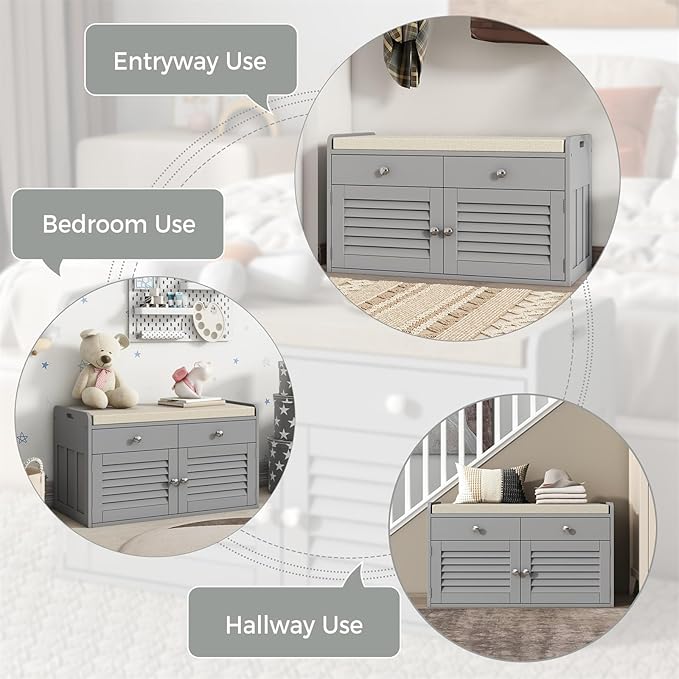 Shoe Storage Bench with Cushion, Shoe Bench, Padded Seat, 2 Drawer Storage, Entryway, Hold up to 300lbs, 15.8 x 32.29 x 18.1 Inches, Grey