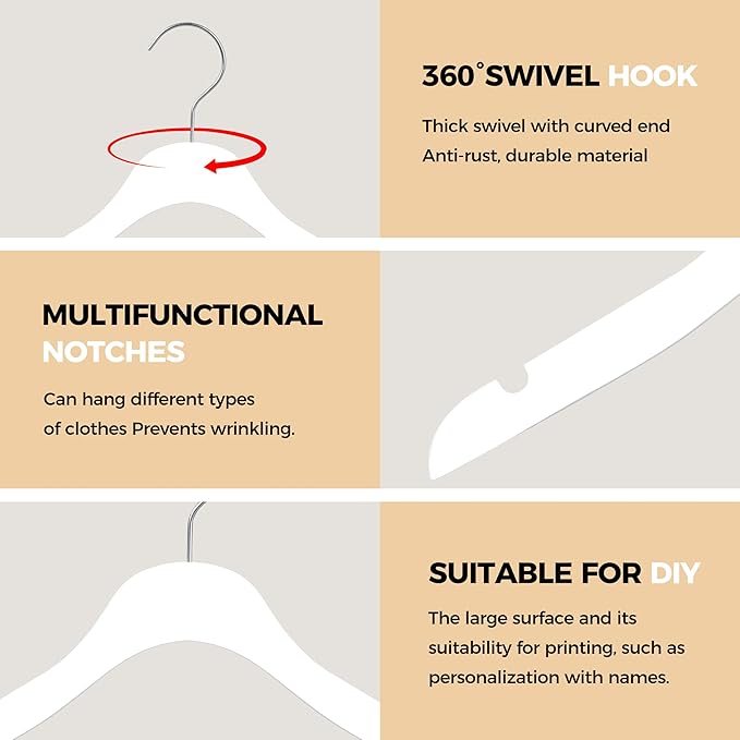 Quality 12-Inch Ultra Slim Kids Wooden Hangers – Multi-Pack – Space Saving White Design with Nickel Swivel Hook – for Baby Clothes, Shirts & Dresses (White, No Bar, 20 Pack)