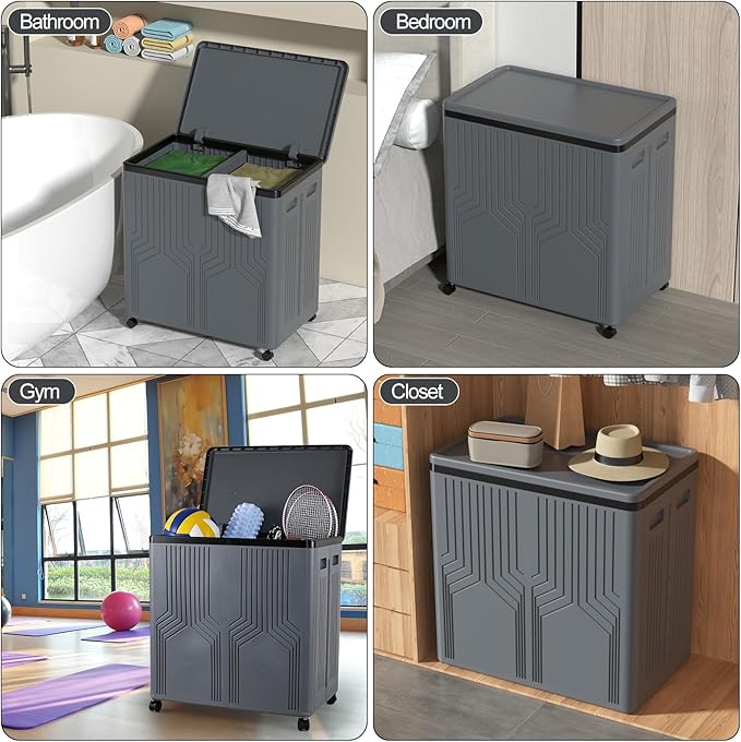 120 L Collapsible 2 Section Laundry Hamper, Plastic Rolling Laundry Basket 2 Section with Lid, Gray