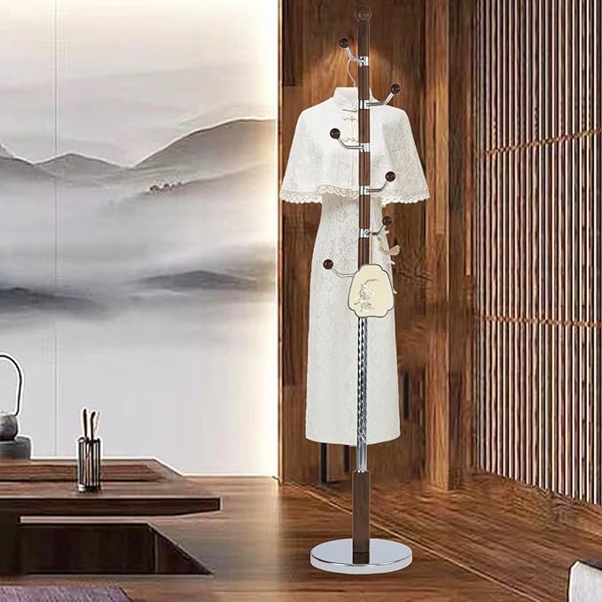 Coat Rack Freestanding, Wooden Tree Coat Rack Stand with 3 Adjustable Sizes Coat Tree and 11 Hooks, Sturdy Hall Tree with Solid Round Base for Entryway, Hallway,Bedroom (Walnut Metal)