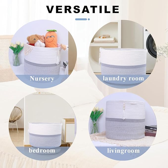 Cotton Rope Storage Bin,Natural Handmade Woven Hamper for Living Room,Blanket Basket for Clothes, Pillows, Towels (gary, 100L)