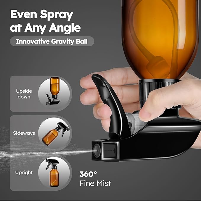 Tecohouse 360° 4 OZ Amber Glass Spray Bottles, 2 Pack Empty Refillable Containers with Adjustable Spray Nozzles, Dark Spray Bottles for Cleaning Solutions, Plants, Hairs
